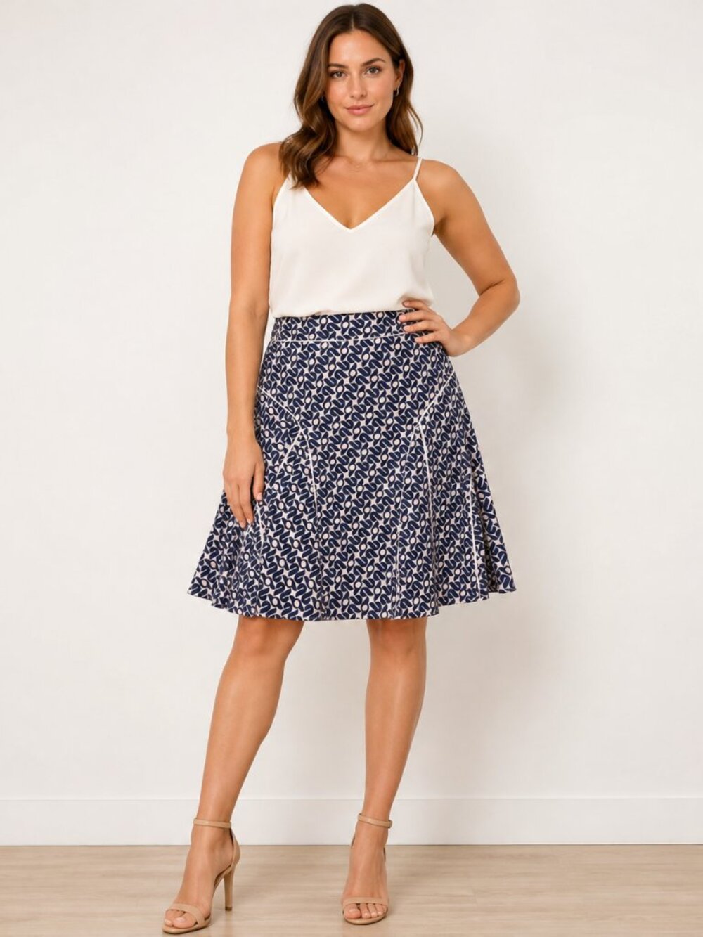 Fossil Womens Size 8 Blue White Patterned Silk Blend A Line Casual Swing Skirt